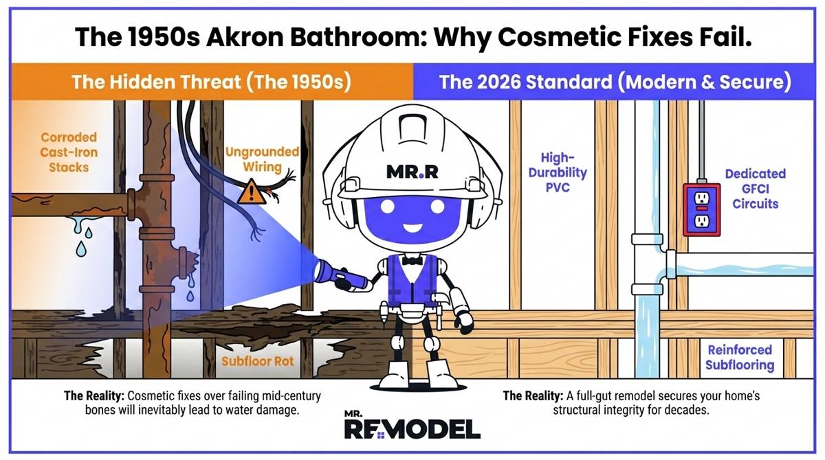 A structural comparison infographic for Akron homes, showing the dangers of failing mid-century cast-iron plumbing and ungrounded wiring versus the safety of modern PVC and GFCI upgrades achieved through a full-gut remodel.